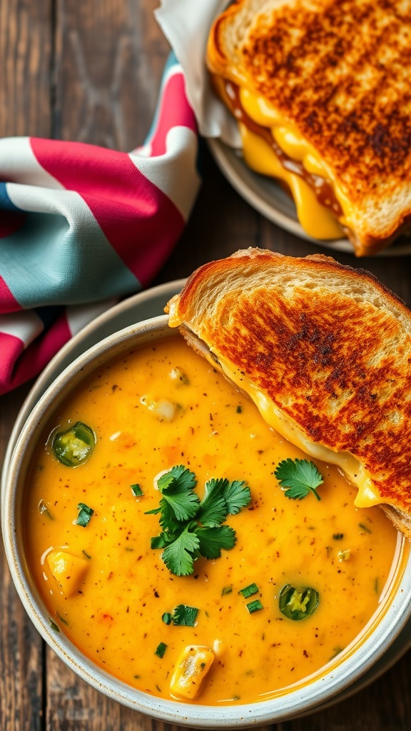 Spicy Jalapeno Popper Soup with Grilled Cheese Spicy jalapeno popper soup with cilantro garnish and grilled cheese sandwich on a rustic table.